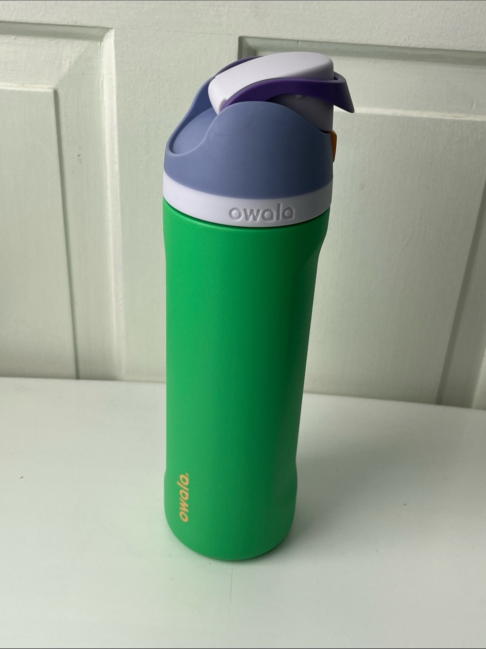 Owala Green Stainless Steel Water Bottle with Purple Lid and straw 24oz